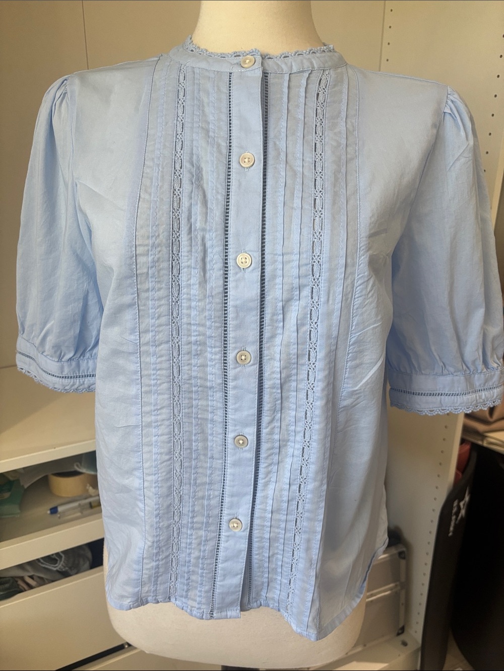 Time and Tru Light Blue Pintuck Lace Front Button Blouse